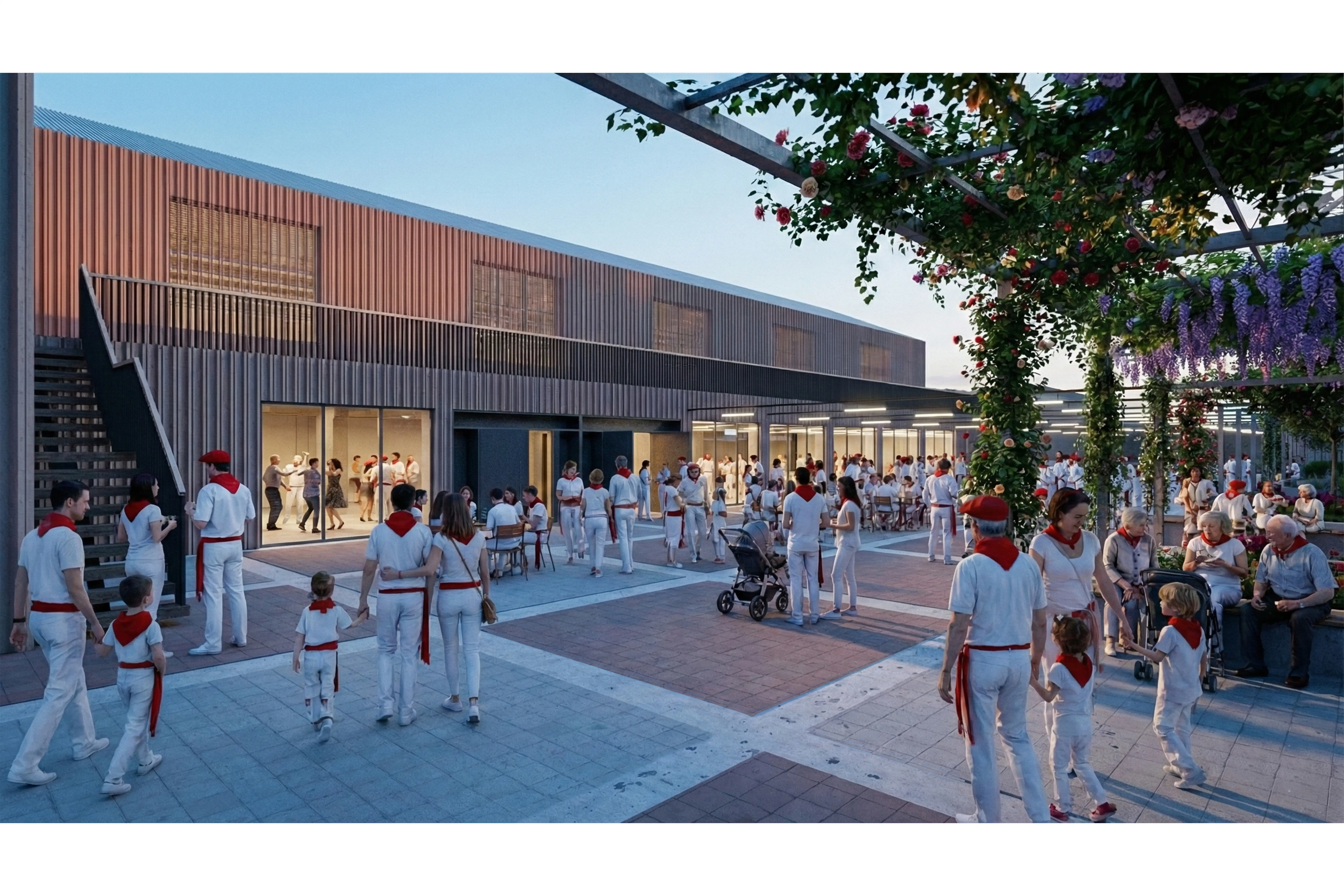 Render exterior a pie de calle de la plaza con pérgola vegetal y multitud de personas con indumentaria festiva blanca y roja.